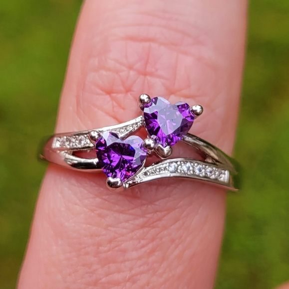 Jewelry - Twin Amethyst Purple Heart 925 Silver Ring Size 10